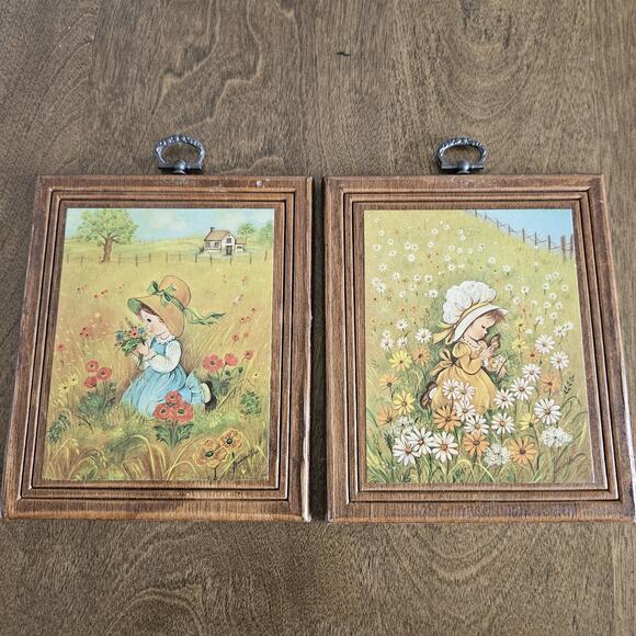 Other - Set 2 Vtg Eva Harta Print Wooden Wall Hanging Girl Field Of Flowers MCM Cottage